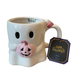 Halloween Ghost Mug With Pink Pumpkin 17oz Cute Ceramic BOO Coffee Cup NEW